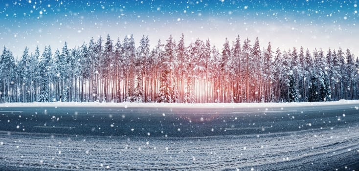 Panoramic view of the beautiful country road in winter. Panorama of snowy way in natural park.