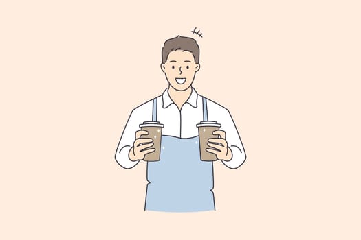 Working as barista in cafeteria concept. Young smiling man barista cartoon character wearing apron standing holding cups with coffee drink vector illustration