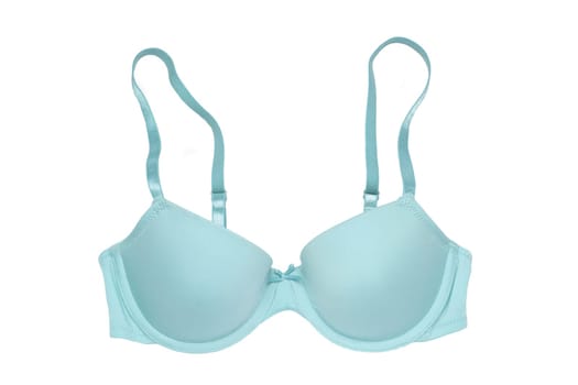 Bra isolated. Closeup of beautiful female stylish blue bra with straps isolated on a white background. Fashionable sexy women underwear.