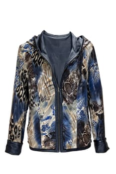 Leather jacket. Stylish elegant and luxurious female blue brown patterned leather jacket for woman isolated on a white background. Women fashion.