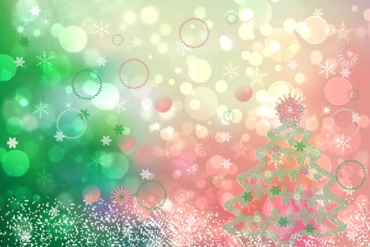 Christmas card template. Abstract shining christmas tree with snowflakes on pink green winter xmas or New Year background texture with blurred bokeh lights, stars and fireworks. Beautiful backdrop.