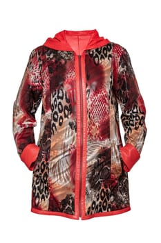 Leather coat. Stylish elegant and luxurious female red brown patterned leather jacket for woman isolated on a white background. Women fashion.