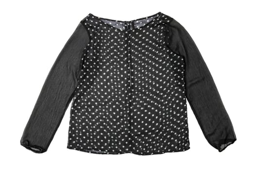 Summer fashion blouse. Female elegant white black transparent silk polka dot blouse with long sleeves isolated on a white background.