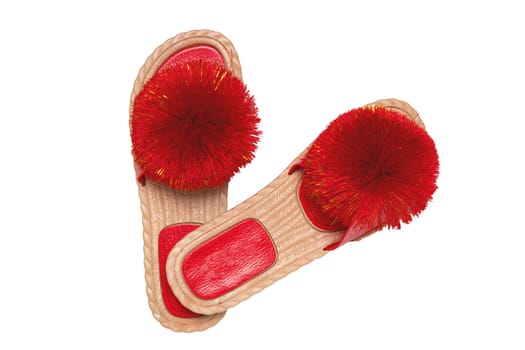 Womens boots and shoes. Top view of a pair women slipper with red pompoms isolated on a white background. Fashion of sandals.