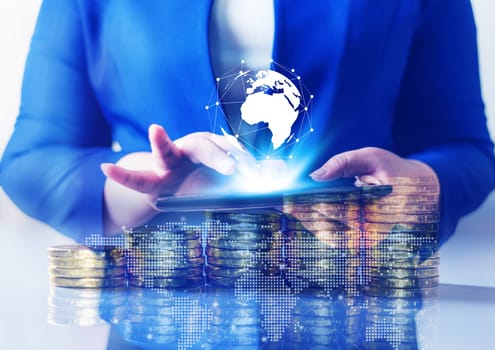 Double exposure, Technology network and online banking and internet banking and networking people concept, Business women with laptop, phone, cellphone, tablet, smartphone mobile, and coin money on business office blurred background