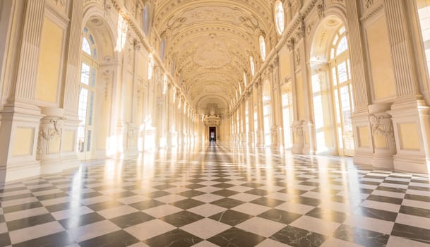 VENARIA REALE, ITALY - CIRCA SEPTEMBER 2020: luxury marble for this gallery interior. The Great Gallery is located in Reggia di Venaria Reale (Venaria Royal Palace)