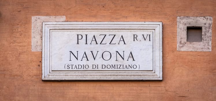 Street name sign of Piazza Navona (Navona's Square) in Rome, Italy.