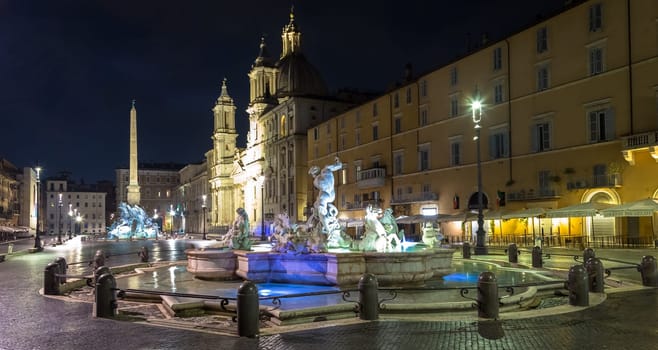 ROME, ITALY - CIRCA AUGUST 2020: Piazza Navona (Navona's Square) with the famous Bernini fountain by night.