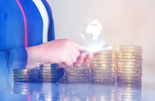 Double exposure, Online banking and internet banking and people networking account banking finance concept, Young women with laptop, phone, cellphone, tablet, smartphone mobile, and coin money on blurred background