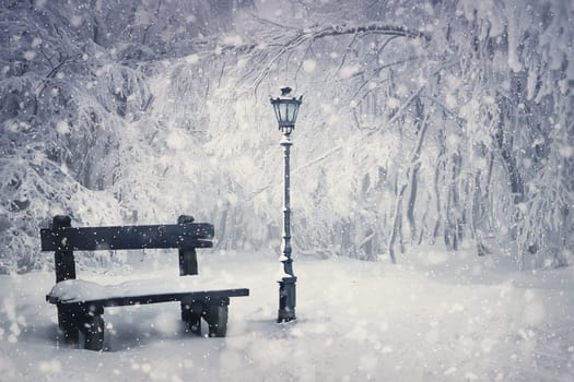 Winter time scene with a wooden bench and street lamp covered with snow under a snowfall in the park. Wonderful holiday season background, Merry Christmas magic atmosphere. Tranquil and peaceful view