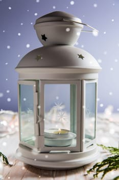 Christmas lantern with snowflakes, selective focus