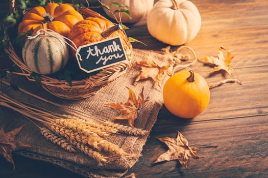Thanksgiving - still life with pumpkins, ears and autumn leaves on wooden background