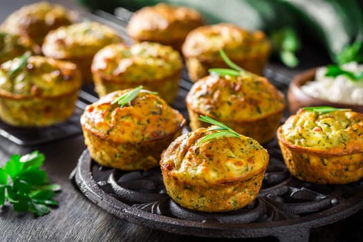 Homemade zucchini muffins with feta cheese, savory courgette with ingredients