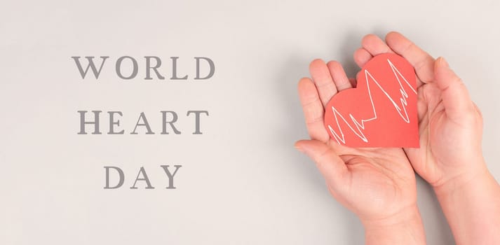 Woman is holding a red heart in her hand, world heart day, grey colored background, heartbeat, health issues