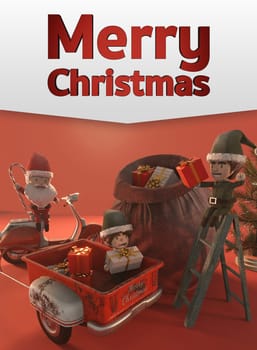 3d illustration. Christmas Sale Promotion Template . Concept shopping online Santa Claus and elf a vintage scooter . COPY SPACE for logo and text