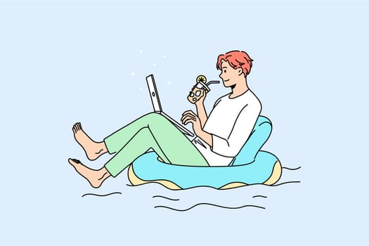Relaxed man swim on inflatable ring work online on laptop at home lockdown or quarantine. Calm male employee downshifting in swimming pool. Distant job concept. Vector illustration.