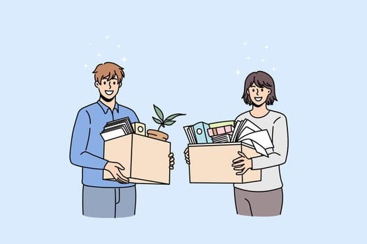 Smiling diverse employees with boxes with personal belongings settle at new workplace. Happy newcomers job candidates relocate move to office. Employment, recruitment. Vector illustration.