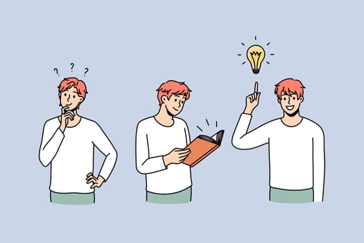 Happy young man read book study learn alone. Smiling guy find solution answer brainstorm over new business idea. Self-education, knowledge concept. Flat vector illustration.