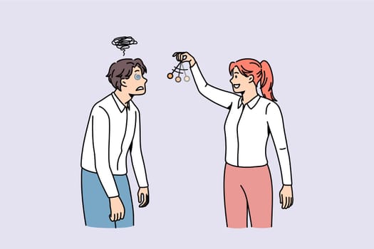 Woman use hypnosis on weak man. Female leader control male colleague or coworker. Businesswoman persuade client or customer. Management and leadership. Manipulation concept. Flat vector illustration.