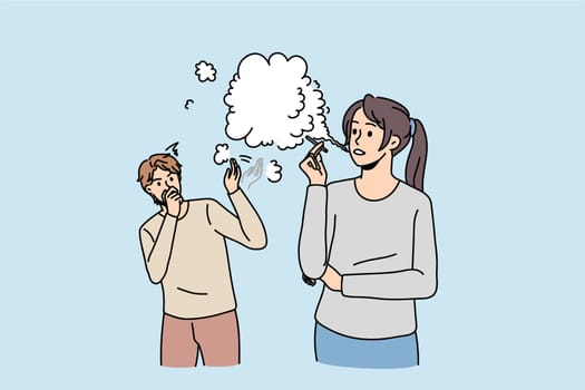 Woman smoking cigarette effect man passerby walking near. Male passive smoker cough because of female with tobacco. Unhealthy bad habit, air pollution concept. Flat vector illustration.