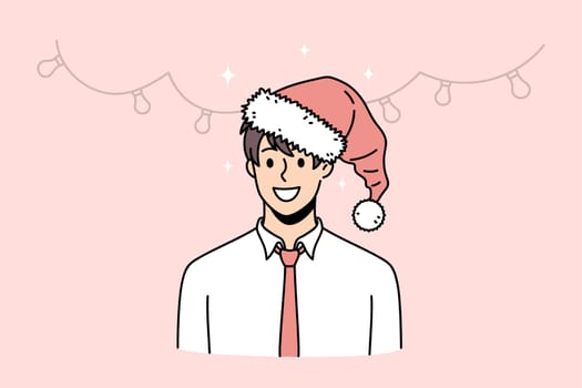 Portrait of smiling businessman in Santa Claus hat celebrate New Year. Happy man boss or employee have Christmas celebration or party. Winter holiday or vacation concept. Vector illustration.