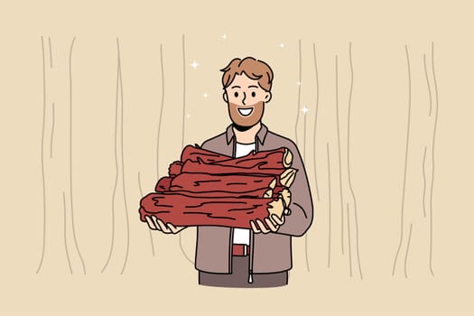 Smiling young bearded lumberman hold wood timbers for fire. Happy lumberjack or woodcutter with wood materials camp outdoors. Hobby, nature, environment. Flat vector illustration.