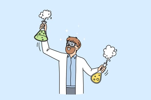 Male scientist in medical uniform hold test tubes make discovery in lab. Man chemical worker do experiments in laboratory. Research and science. Vaccine development. Flat vector illustration.