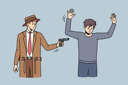 Police inspector catch criminal threaten with gun for illegal conduct. Spy or detective arrest thief with handgun. Policeman or cop working. Law and order concept. Flat vector illustration.