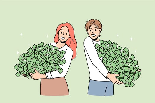 Happy people hold piles of money win lottery get jackpot in game. Smiling man and woman with cash stacks, receive investment. Successful banking, finance concept. Flat vector illustration.