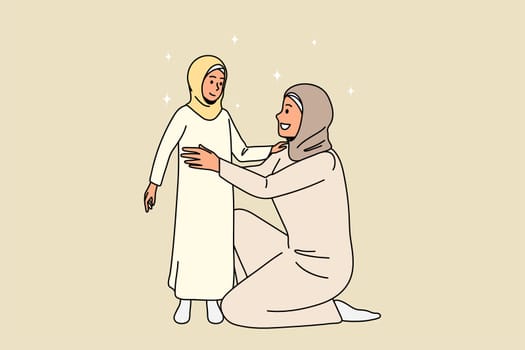 Caring moslem mother in traditional clothes hug cuddle small Islamic kid show love and support. Happy muslim mom embrace little Islam child. Culture, religion concept. Vector illustration.