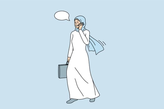 Smiling muslim businesswoman in traditional clothes talk on cellphone with client. Happy Islamic woman worker have business smartphone call. Technology, culture concept. Vector illustration.