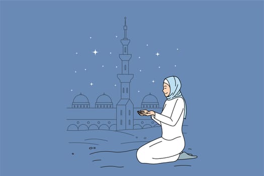 Muslim woman in tradition clothes pray near mosque. Religious Islamic girl in hijab with hands in prayer show faith and religion. Ramadan kareem, tradition concept. Flat vector illustration.