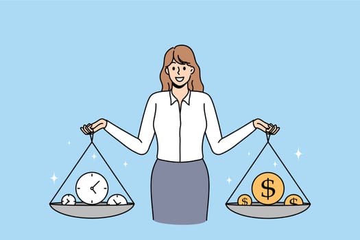 Businesswoman hold scales in hands, find perfect balance between money and time. Happy successful woman employee have harmony at work and life. Vector illustration, cartoon character.