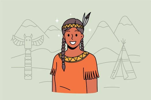 Native American indian woman in traditional national clothes. Smiling young indigenous girl with feather in hair wear ethnic clothing. Culture and diversity. Flat vector illustration.