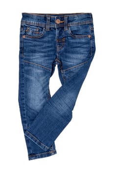 Jeans isolated. Trendy stylish blue denim stretch pants or trousers for child boy isolated on a white background. Clipping path. Jeans summer and autumn fashion.