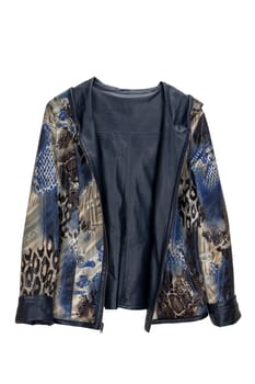 Leather jacket. Stylish elegant and luxurious female blue brown patterned leather jacket for woman isolated on a white background. Women fashion.