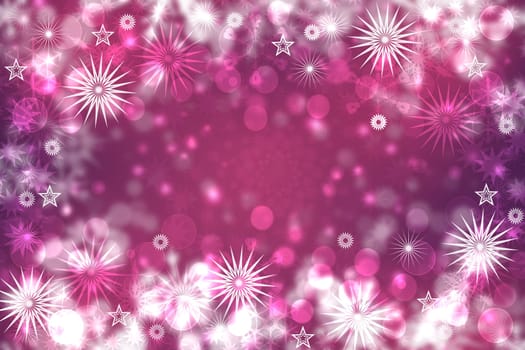 Christmas card template. Abstract festive light pink violet winter christmas or New Year background texture with shiny pink and white bokeh lighted stars. Copy space.