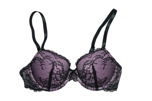 Bra isolated. Closeup of beautiful female stylish violet black bra with laces and straps isolated on a white background. Fashionable sexy women underwear.