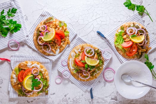 Greek gyros meat with pita flat bread, vegetables and onions and Tzatziki dip on white background