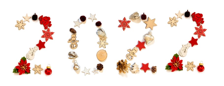 Colorful Christmas Decoration Letter Building English Word 2022. Festive Ornament Like Christmas Tree, Star And Ball. White Isolated Background