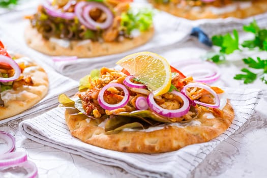 Greek gyros meat with pita flat bread, vegetables and onions and Tzatziki dip on white background