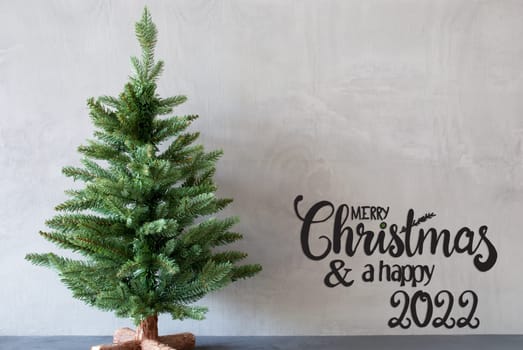 Egnlish Calligraphy Merry Christmas And A Happy 2022. Green Christmas Tree With Gray Background