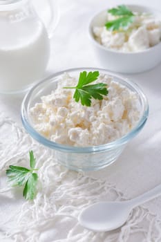 Dairy product - curd or cottage cheese, quark in bowl and milk on white background