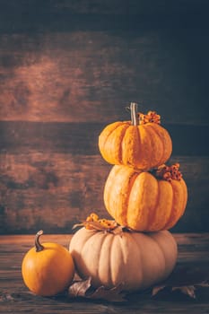 Happy thanksgiving - still life with different pumpkins and autumn leaves on wooden background