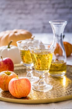 Apple cider with fresh apples and pumpkins for Thanksgiving and autumn