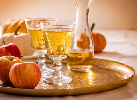 Apple cider with fresh apples and pumpkins for Thanksgiving and autumn