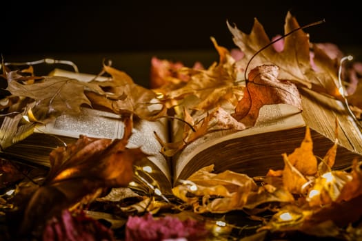 Old book with candle and autumn leaves in vintage style