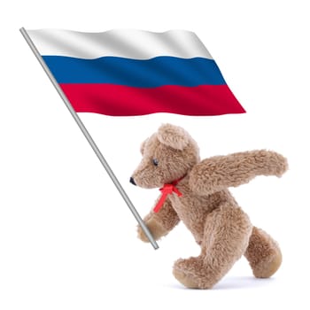 A Russia flag being carried by a cute teddy bear