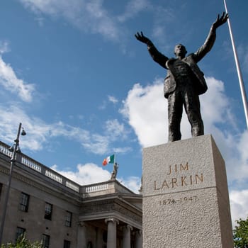 The Memorial Statue To James Larkin On O connell Street Dublin Ireland with the GPO behind