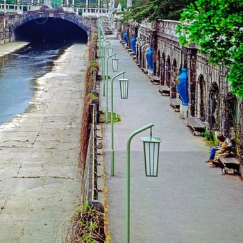 Vienna River with  benches, Austria
